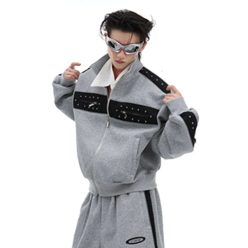 Autumn Winter Metal Rivet Color Contrast Patchwork Sweatshirts Niche Design Casual Men's Straight Sport Pants