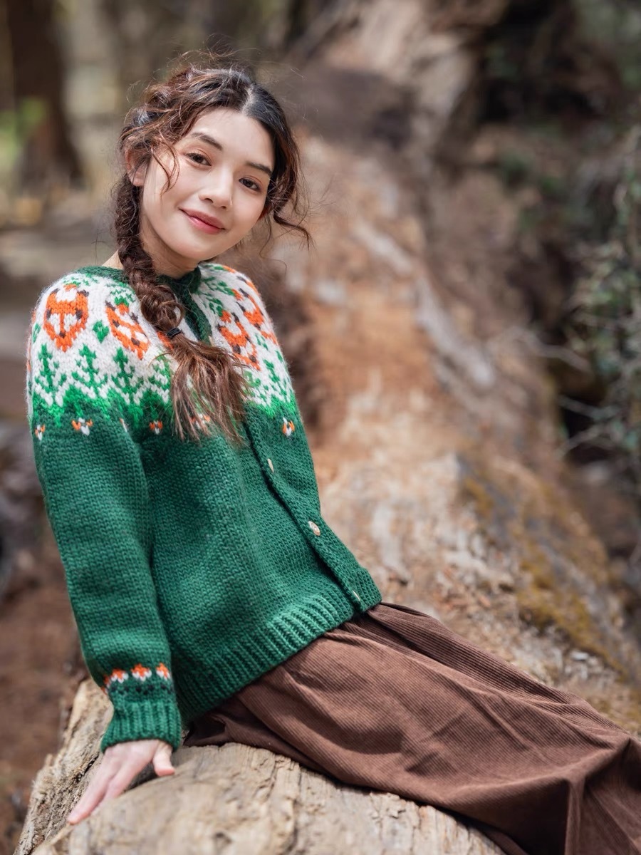 102-106Cm Bust Autumn Winter Women Fair Isle Icelandic Handknit Vintage Handmade Thick Warm 100% Wool Sweater Coat Cardigans