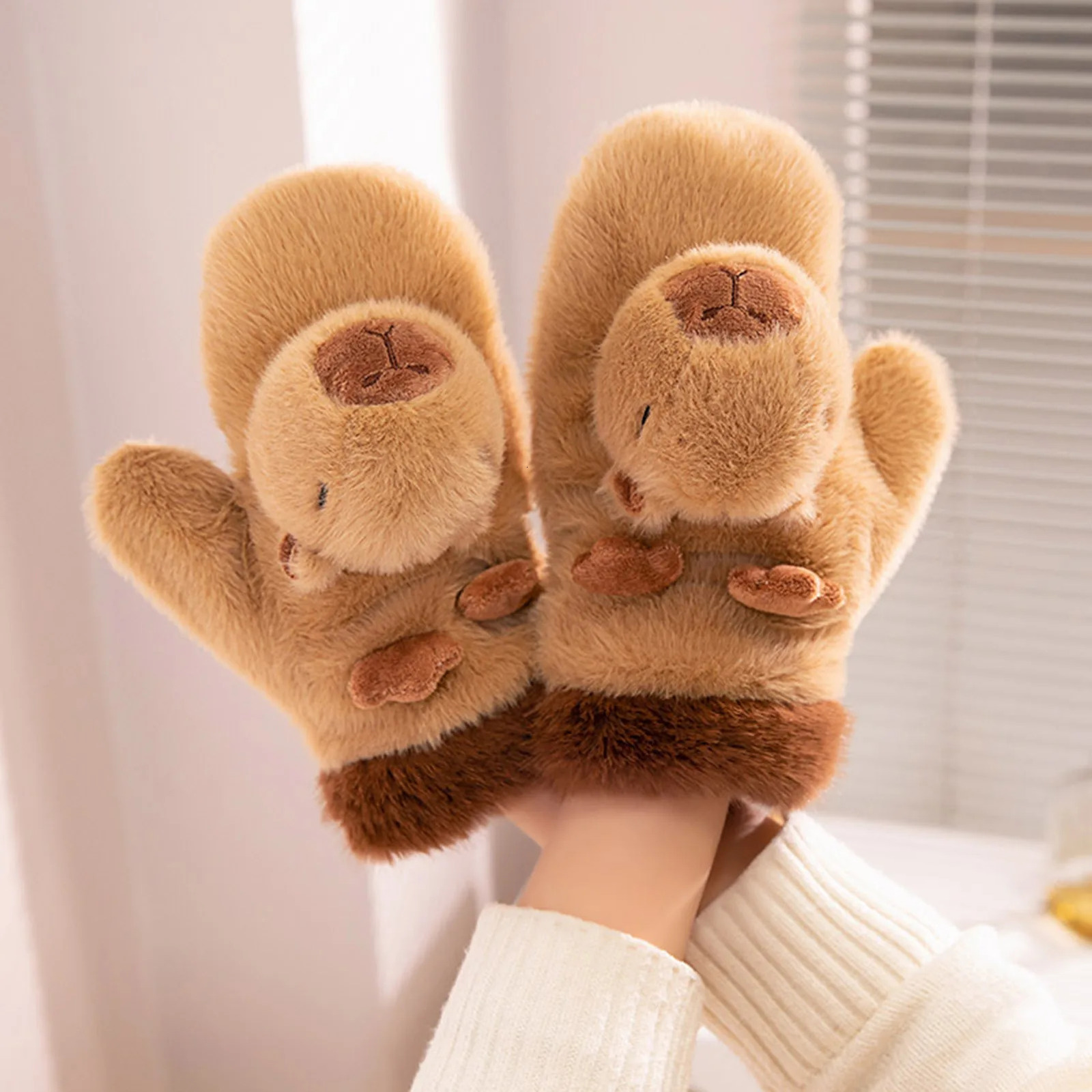 Womens Plush Winter Gloves Kawaii 3D Capybara Cold Weather Warm Outdoor Activity Travel 241223