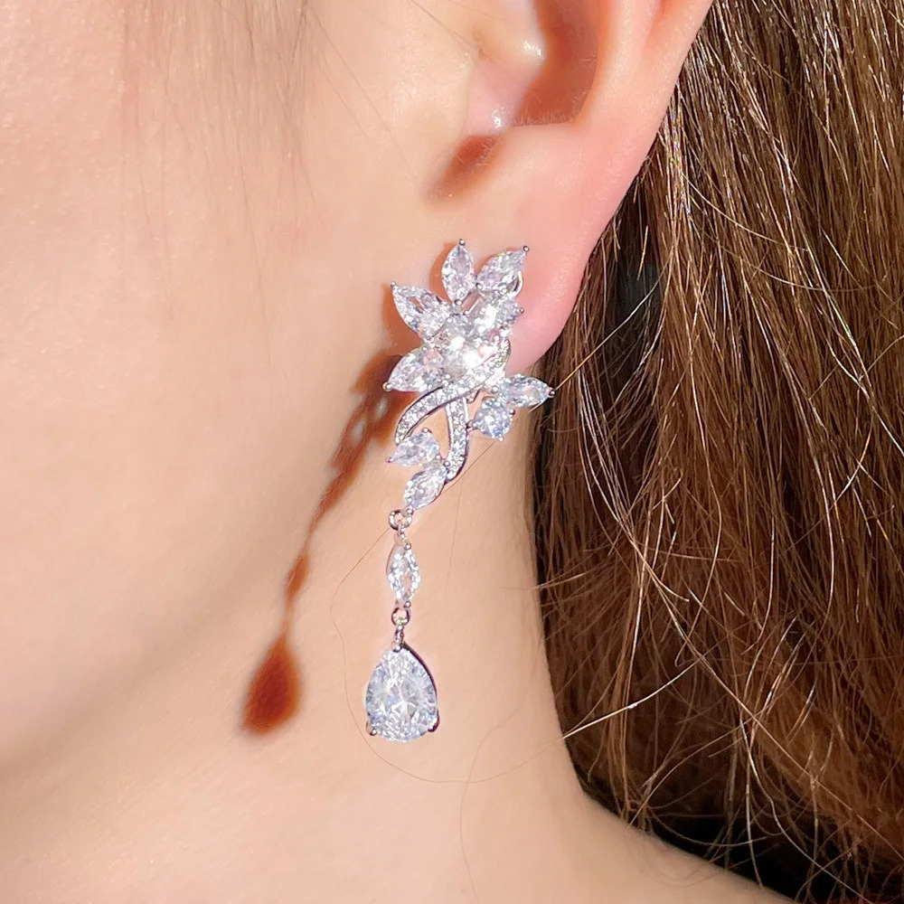 CWWZircons No Ear Hole Style Cubic Zircon Flower Drop Women Wedding Bridal Party Long Clip on Earrings without Piercing CZ274 250103