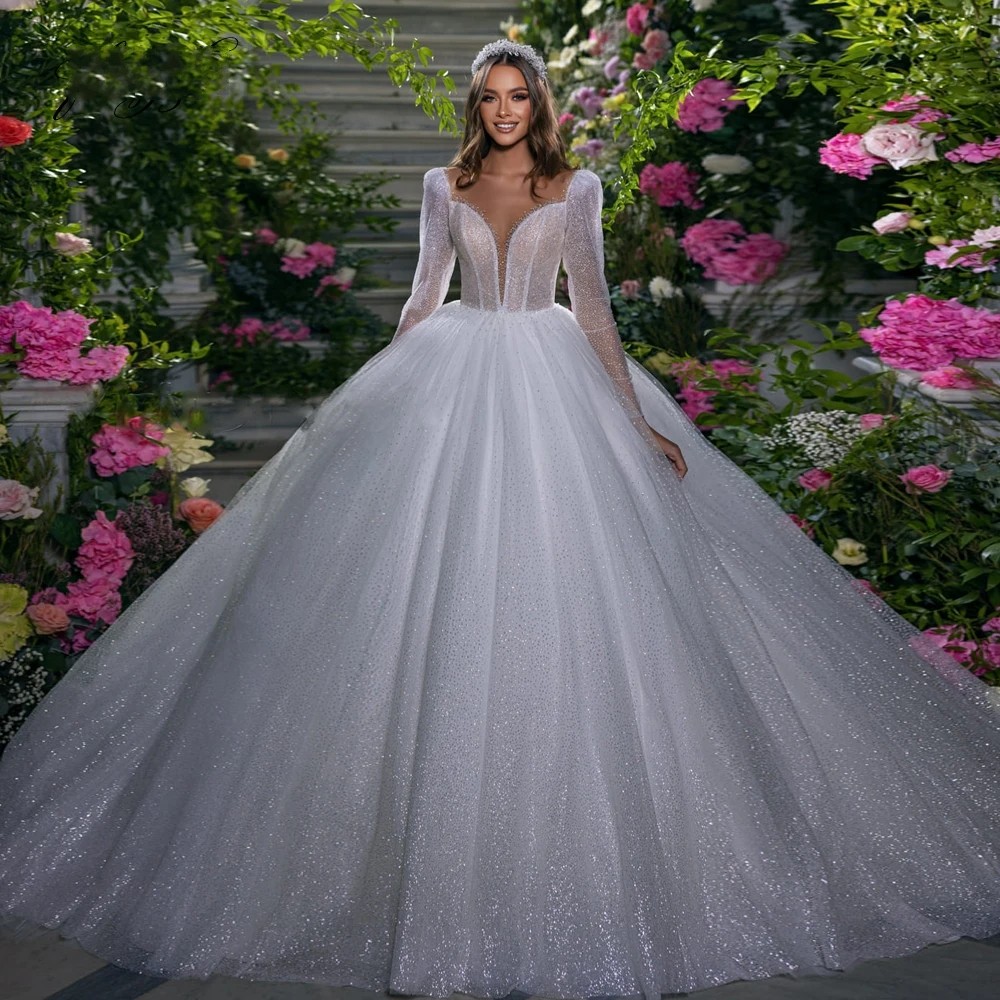 2025 Bling Sequins Ball Gown Wedding Dress Scalloped Long Sleeve Beads Chic Bride Bridal Gowns Church Vestidos De Novia Arabic Dubai