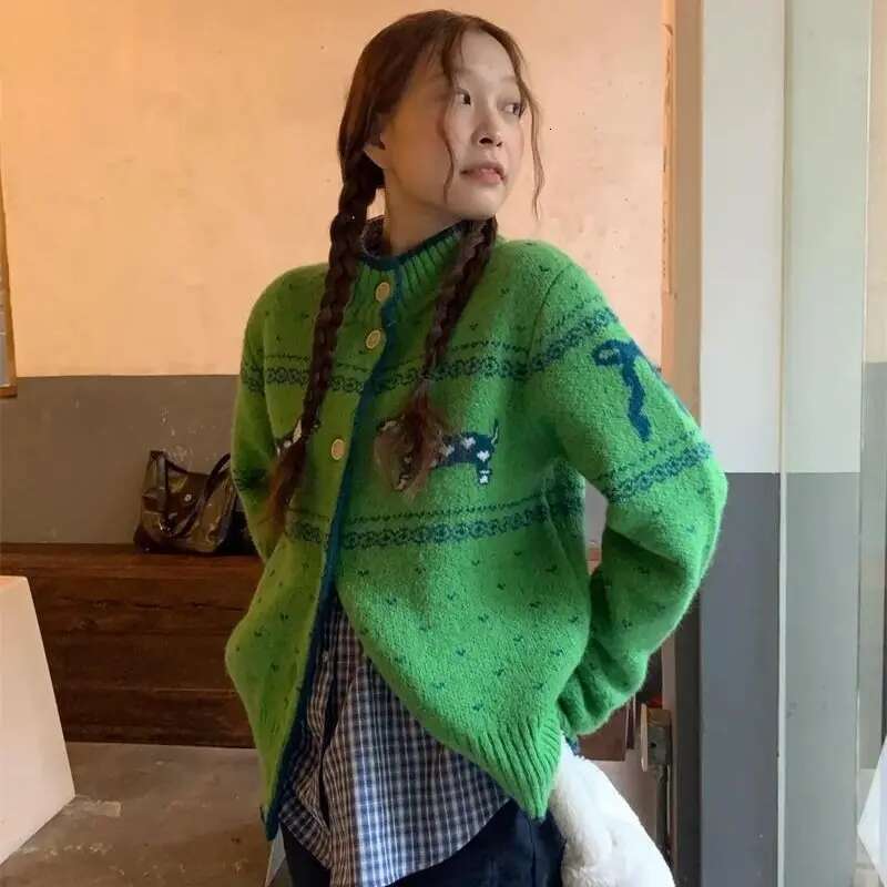 Deeptown Vintage Fair Isle Knitted Cardigan Women Sausage Dog Embroidery Christmas Long Sleeve Sweater Haruku Loose Winter