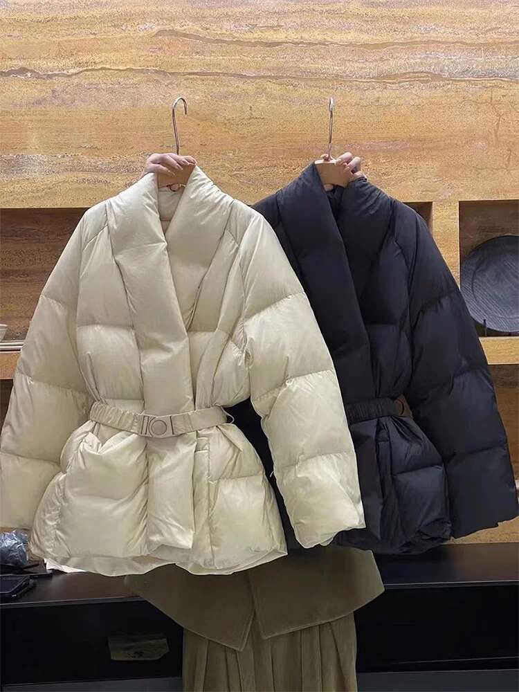 Lagabogy 2024 Winter Belt Waist-Tight Elegant Warm 90% White Duck Down Jacket Female Long Sleeve Solid Color V-Neck Puffer Coat