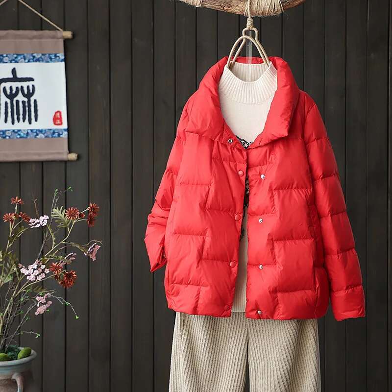 Schinteon Women Light Down Jacket Simple Casual Solid Color Stand Collar Short Outwear Autumn Coat Female New 2023 Fashion