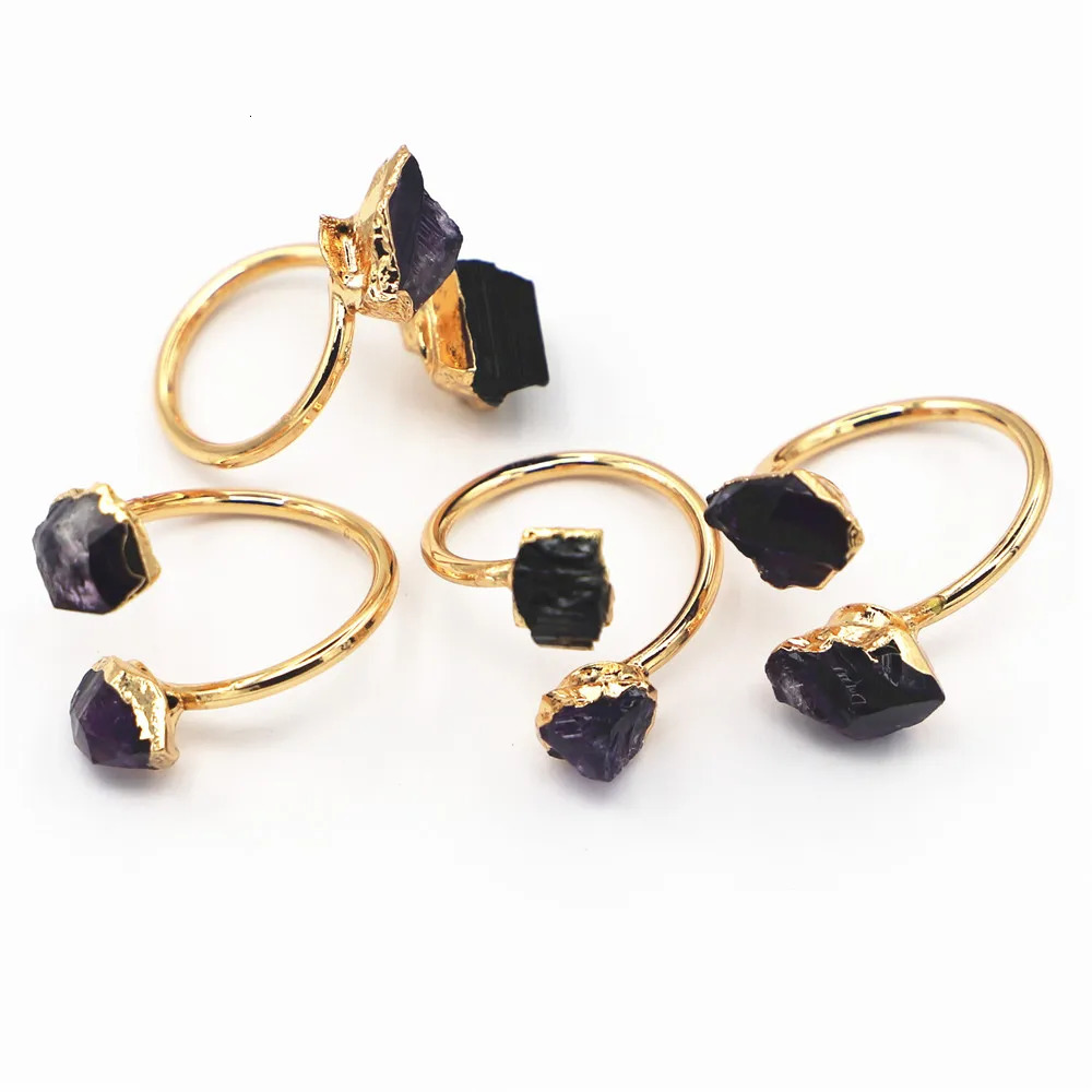 Natural Stone Black Tourmaline Amethyst Ring Slice Handmade Electroplated Goldtone Plated Free Form From Brazil Style 4PCS 250106