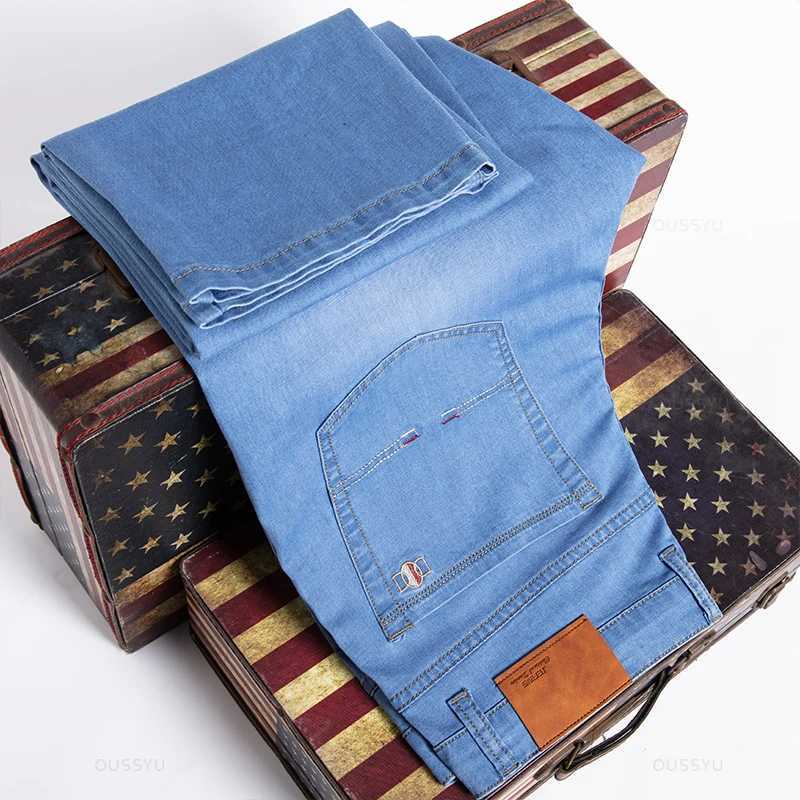 Men Jeans Classic Summer Lyocell Cotton Straight Stretch Brand Denim Pants Overalls Light Blue Fit Trouser Plus Size 40 42 M250610