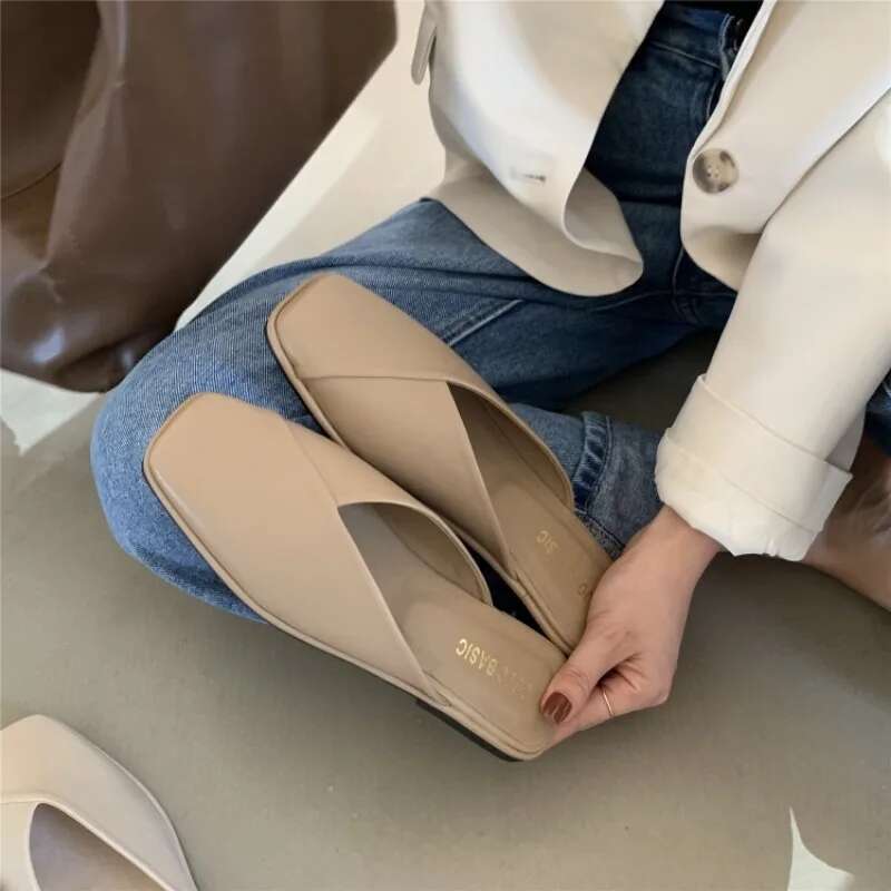 Fashion Slip on Mules Big Size 43 2023 Summer Women Flat Casual Outdoor Square Toe Shoes Ladies Slippers