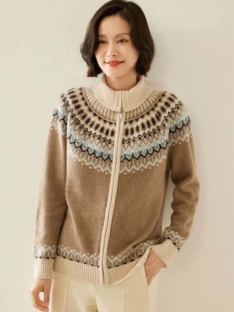 New Chic Women's Polo Zipper Cardigan Faire Isle Sweater Autumn Winter Thick Soft 100% Cashmere Knitwear Tops