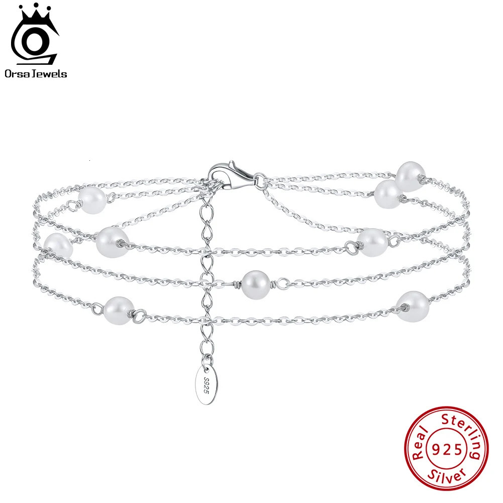 ORSA JEWELS Triple Layered Pearls Beads Anklets 925 Silver Foot Chain Fashion Women Summer Foot Bracelet Straps Jewelry OSA52 250107