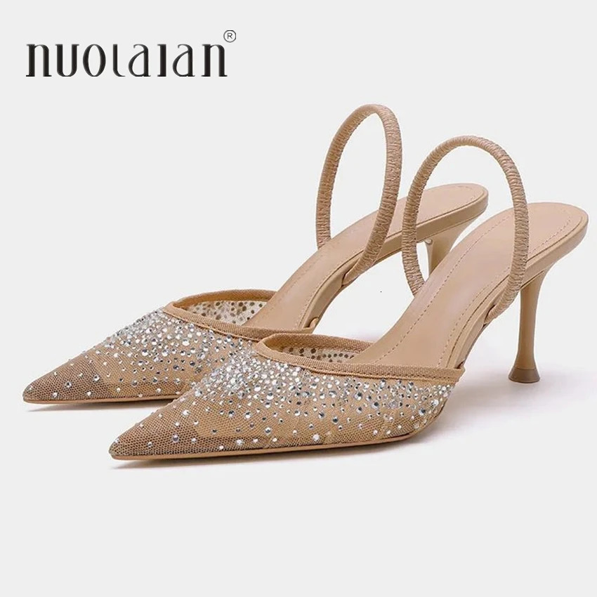 Summer Womens Sandals Rhinestone Bright Mesh High Heels Footwear Elegant Slingback Pointed Slip on Party Lady Pumps Shoes 250106