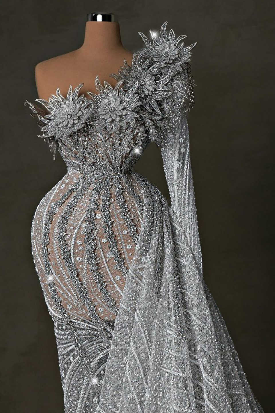 Luxury One Shoulder Mermaid Evening Dresses Glitter Sequined Diamonds Appliques Party Dress Side Train Prom Gowns Customized