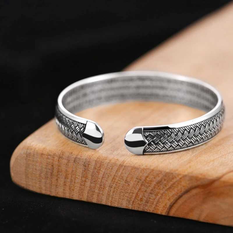 ANENJERY Wave Pattern Cuff Bracelets Bangles For Men Retro Handmade Thai Silver JewelryXJ250109