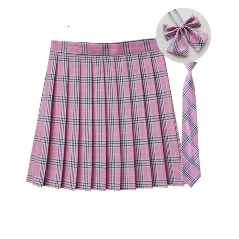Women Summer Plaid Pleated Skirt With Necktie Bowtie Korean Jk Uniform Japanese School Preppy A Line Mini Skirts 250106