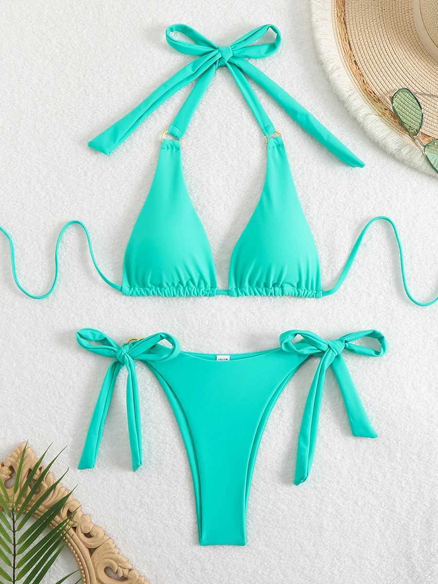 Woman Swimsuits 2025 Sexy Bikini Women Swimwear Halter Tie Bathing Suit Lace Up Beach Wear Swimming Fo Fa Thong Bikinis SetsXJ240108