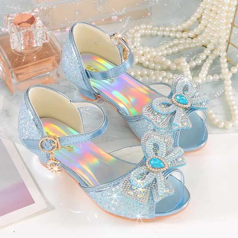 Summer girls sandals with heels fashionable rhinestones sparkling shoes childrens princess bow pearl dance shoes W250108