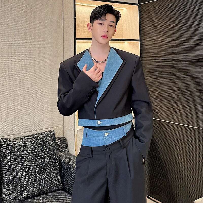 Denim Patchwork Short Suit Jackets Elegant Two Piece Color Contrast Design Personalized Trendy Straight Pants Sets