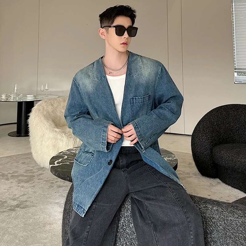 Autumn Versatile Loose Elegant Washed Casual Denim Blazer Coat Men's High Street Fashion Original Jacket New