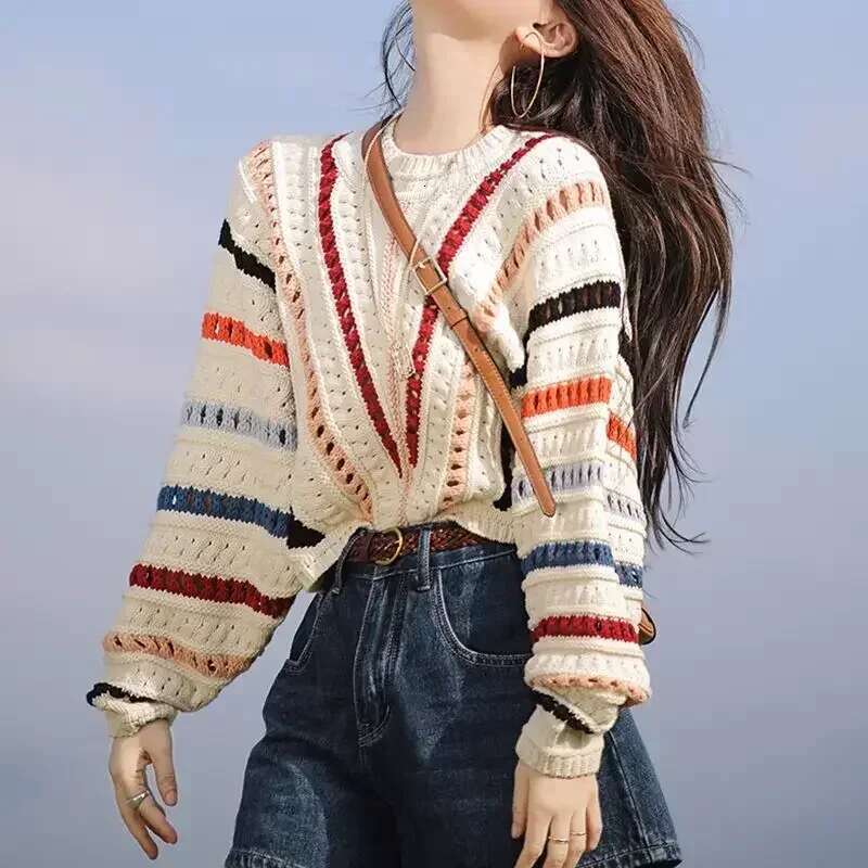 2025 Striped Hollow Knitted Batwing Sleeve Crewneck Sweater Women's 2024 Autumn New Korean Style Loose Simple Elegant Casual Top
