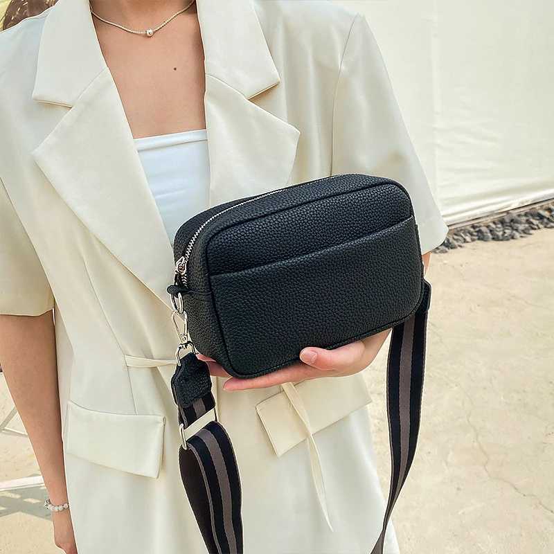 New Solid Color Multi-layer Women Sling Crossbody Bag Vinatge PU Leather Wide Strap Shoulder BagXJ250108