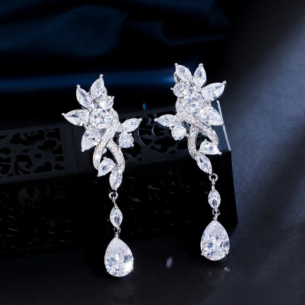CWWZircons No Ear Hole Style Cubic Zircon Flower Drop Women Wedding Bridal Party Long Clip on Earrings without Piercing CZ274 250103