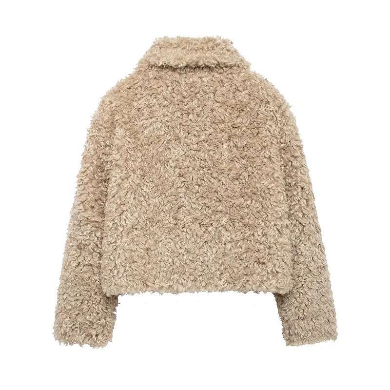 TRAF Cropped Plush Jacket Faux Sheepskin Demi-Season For Women Long Sleeve Jackets Woman 2024 Winter Coat Female