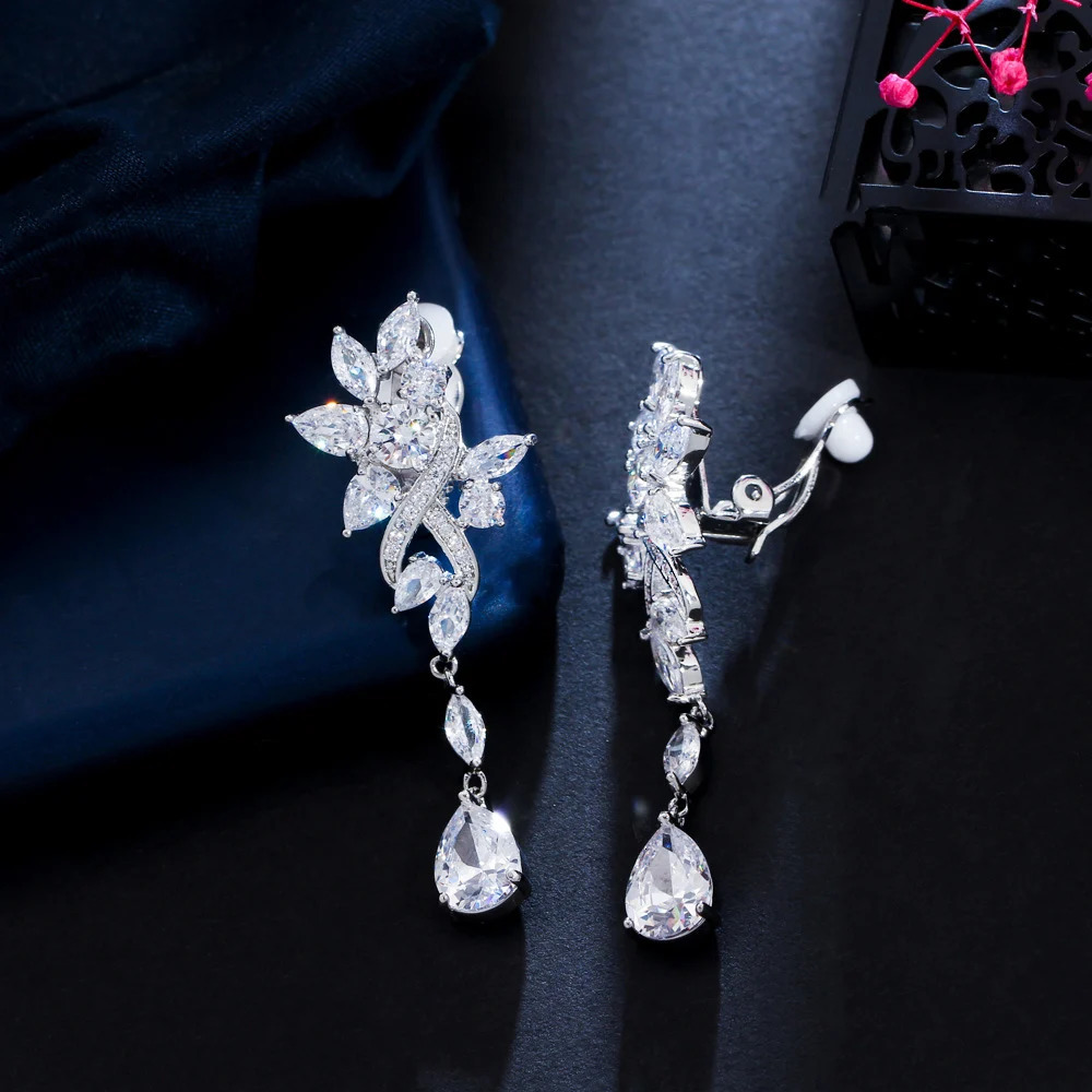 CWWZircons No Ear Hole Style Cubic Zircon Flower Drop Women Wedding Bridal Party Long Clip on Earrings without Piercing CZ274 250103