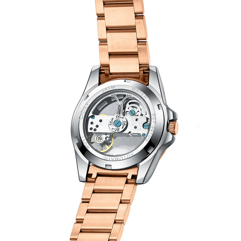 Stylish Automatic Mechanical Watch with Skeleton Design and Steel Band for Men and Women