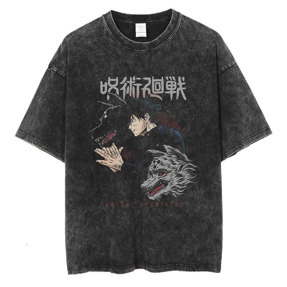 Washed t-shirt, street hip-hop anime, five mantras, battle back graphics, casual cotton, summer short sleeve