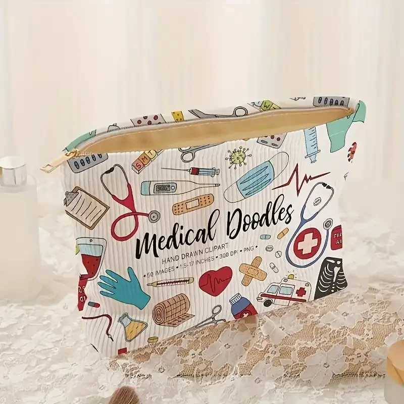 Medical graffiti printing Corduroy makeup bag lightweight zipper makeup storage box multifunctional lined makeup bag W250109