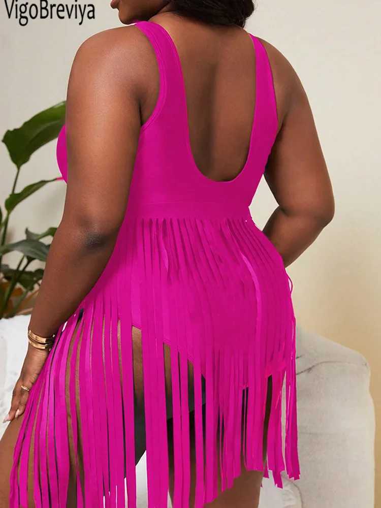 VigoJany 2025 Solid Tassels Plus Size Swimwear Women Push Up Chubby One Piece Swimsuit Cross Hollow Lady Large Bathing SuitXJ240108