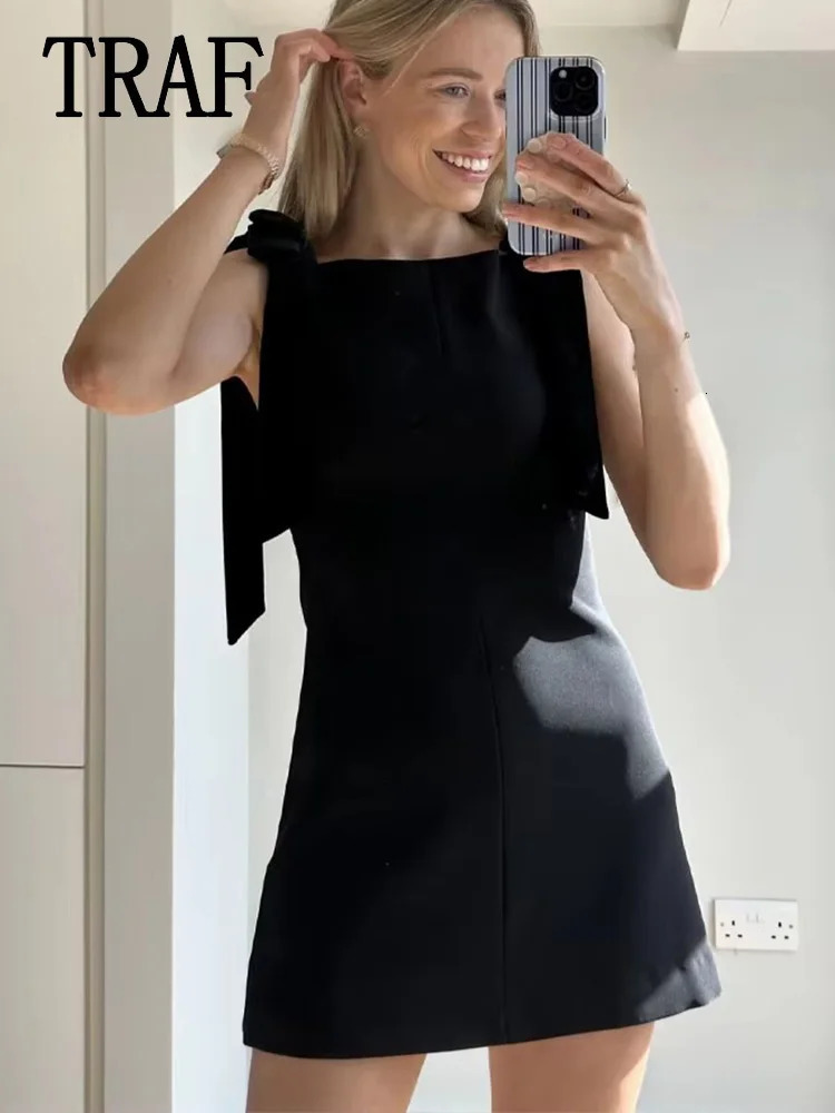 TRAF Women Black Slip Short Dresses Fashion Bow Elegant Party Butterfly Mini Dress Ladies Sleeveless Velvet 250106