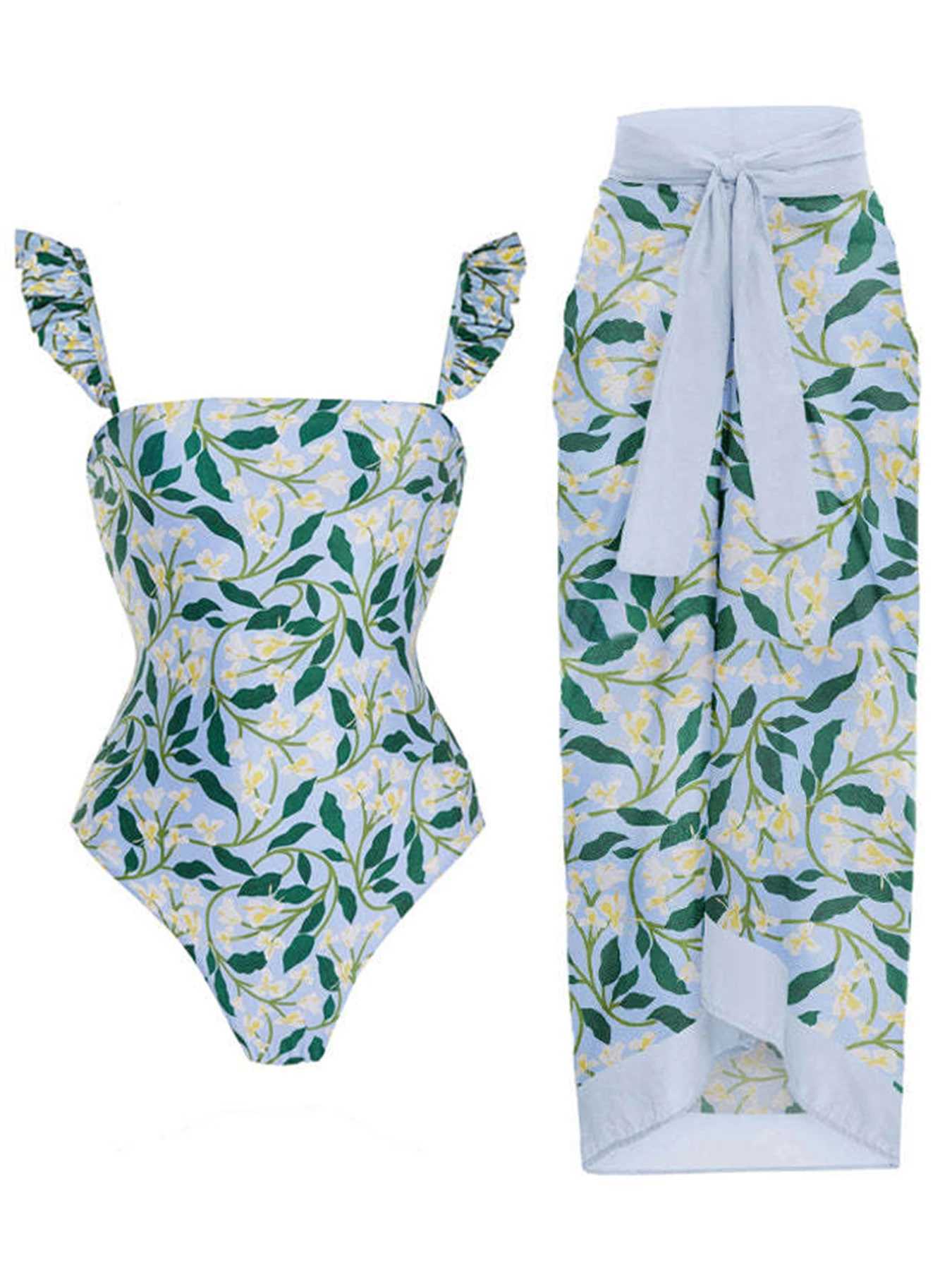 2025 Vintage Print Ruff One Piece Swimsuit Women Push Up Swimwear Fa Monokini Bathing Suit Summer Beach Wear Swimming SuitXJ240108