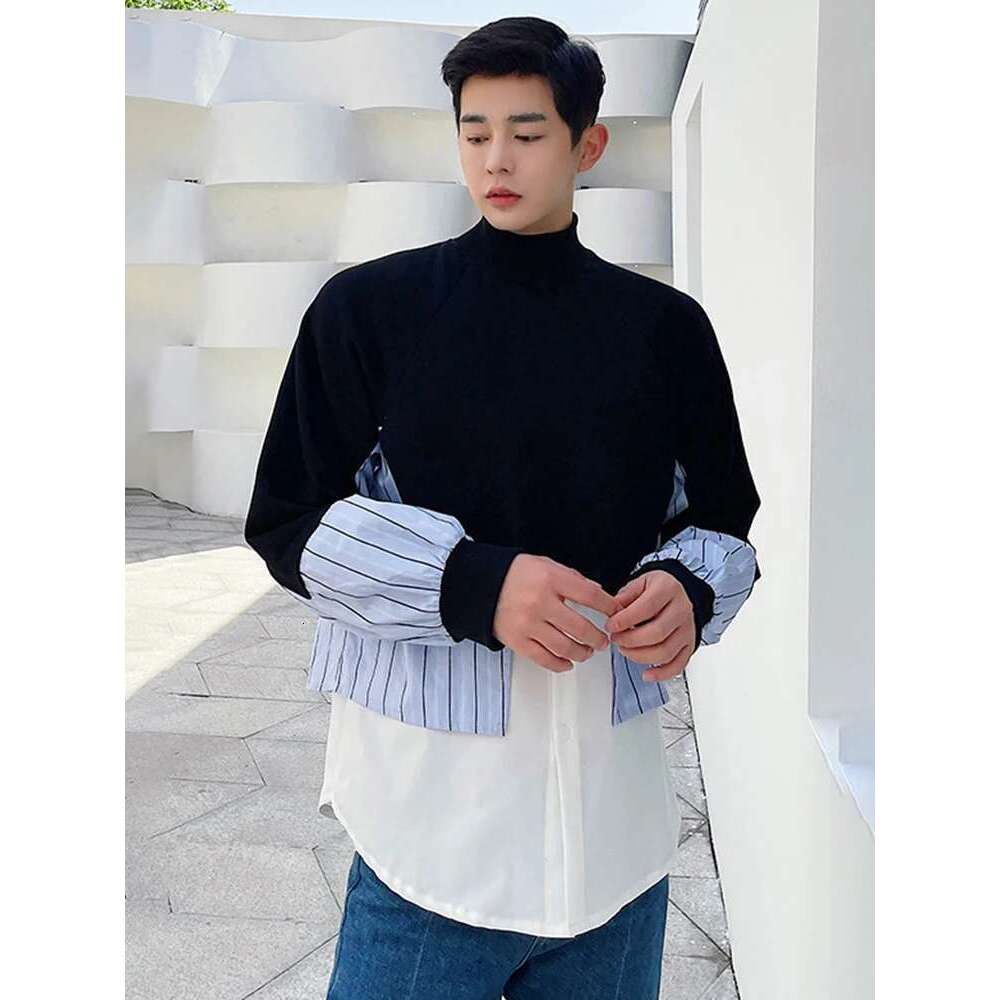 Stripe Color Contrast Patchwork Design Long Sleeve Fake Two Piece Men Autumn New Fashion Personality Sweater