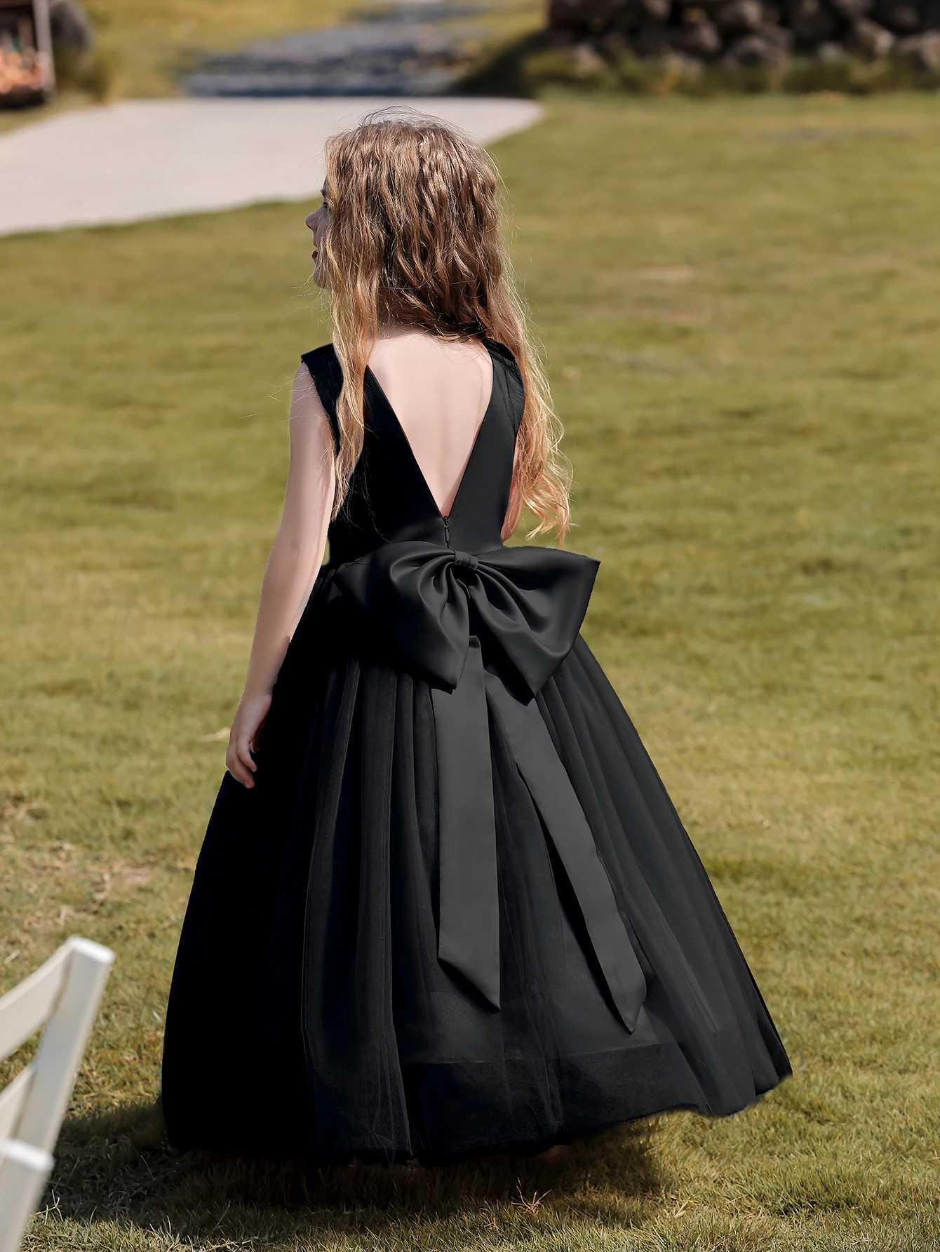 Luxury Satin Flower Girl Dress with Big Bow Sleeveless Fancy Formal Birthday Tulle Par Long Black DressesXJ250108