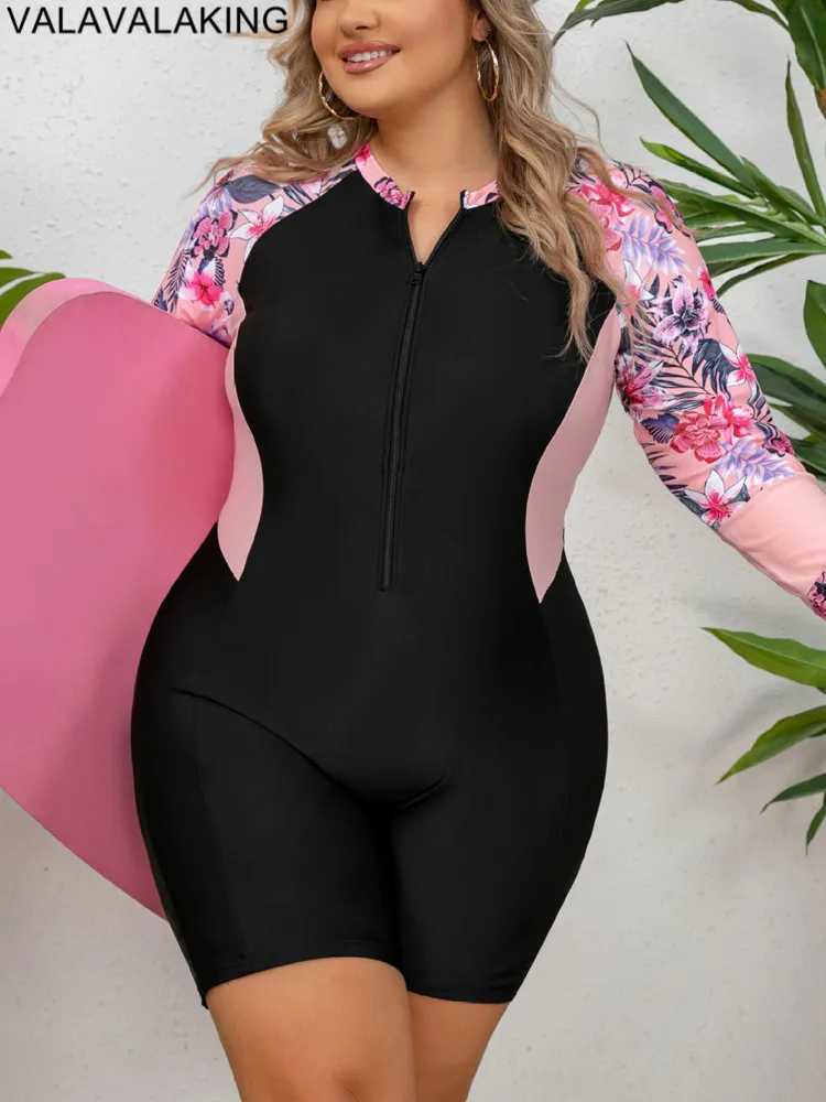 2025 Patchwork Plus Size Swimwear Women Long Seve Large One Piece Swimsuit Lady Brazilian Swimwear Curvy Chubby Bathing SuitXJ240108