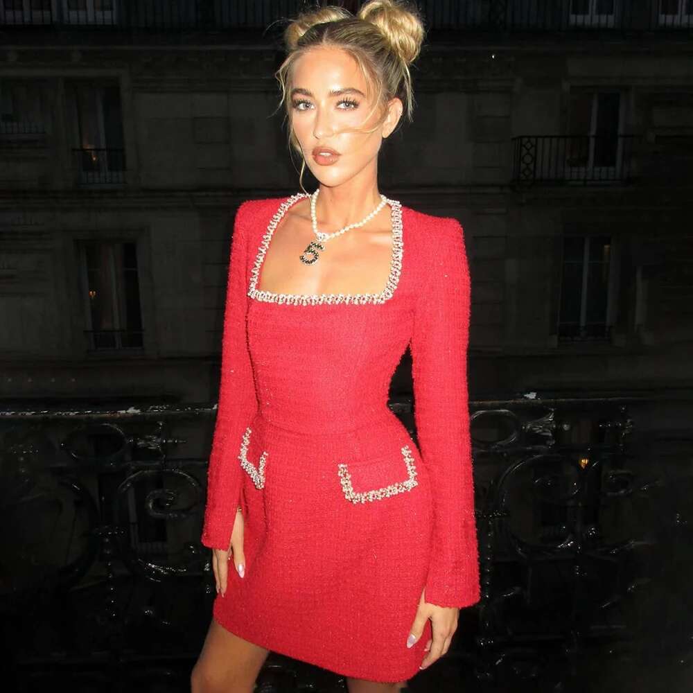 Talenza Long Sleeve Tweed Women's Elegant Square Neck Party Evening Gown Retro Slim Patchwork Short Dress Vestido
