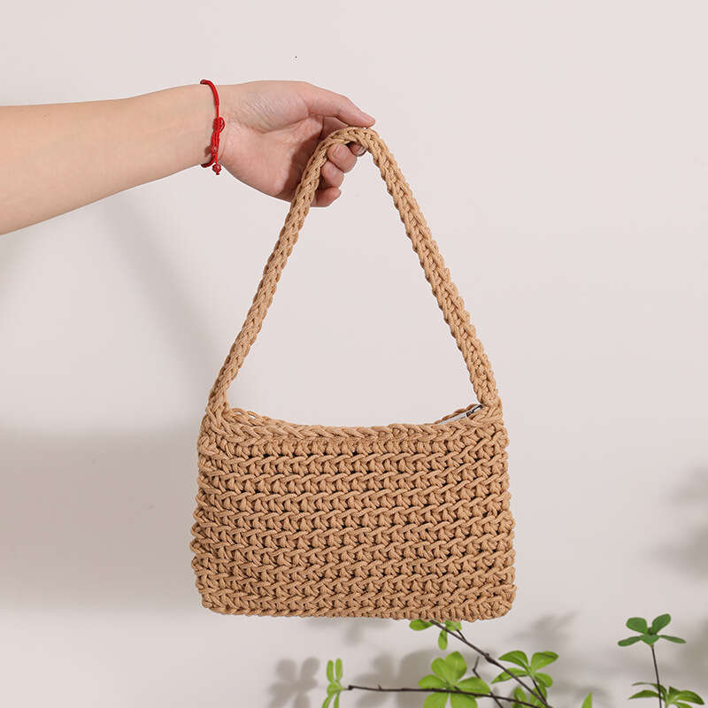 Versatile One Shoulder Cotton Thread New Small Fresh Square Underarm Grass Woven Bag Solid Color Commuter Handbag For Women