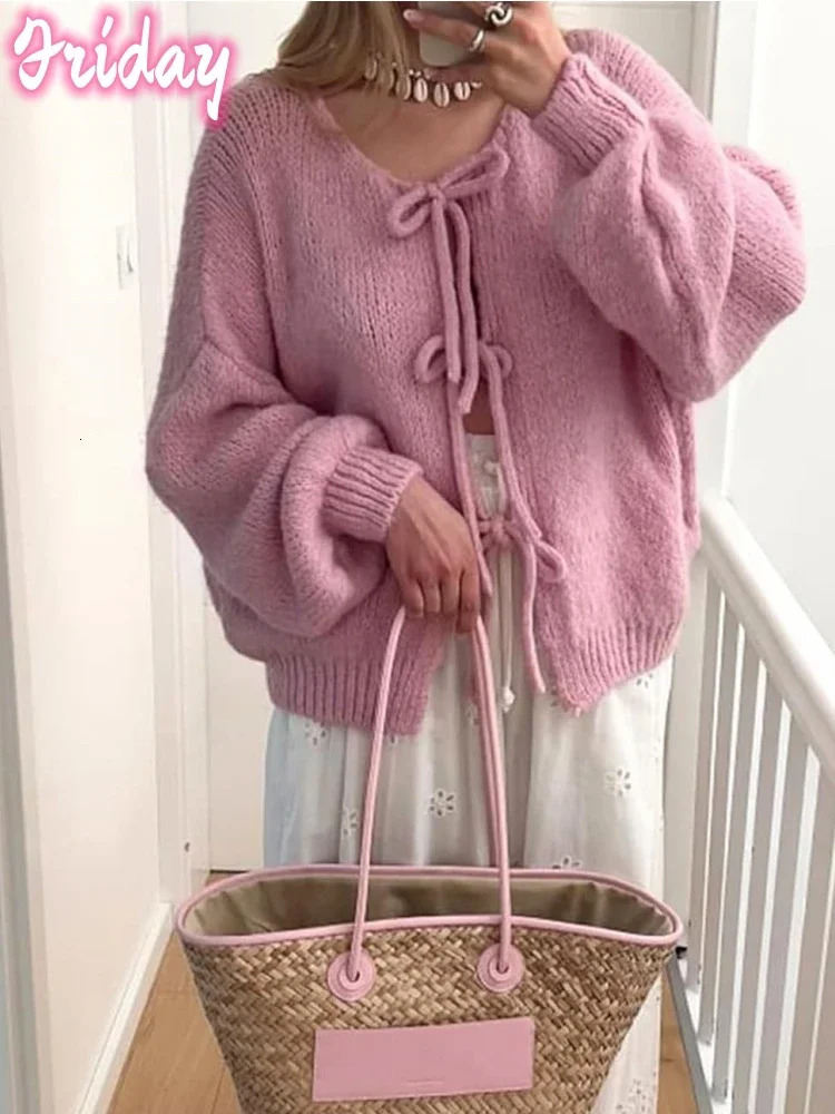 Womens Tie Front Bow Cardigan Sweaters Oversized Chunky Knit Cardigan Long Sleeve Open Front Loose Knitwears Bow Pink Tops 250106
