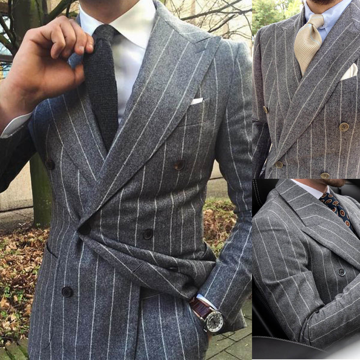 Modern Men Suits Pinstripe Flannel 2 Piece Sets Jacket Pants Peaked Lapel Wedding Tuxedos Double Breasted Fashion Suit For Groom Wear Customized