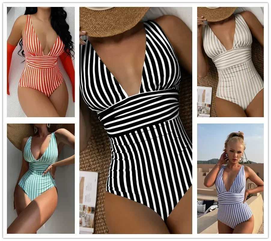 2023 Striped One Piece Swimsuit Vintage Swimwear Women V-neck Bathing Swimming Suit Fa Summer Beachwear BodysuitXJ240108