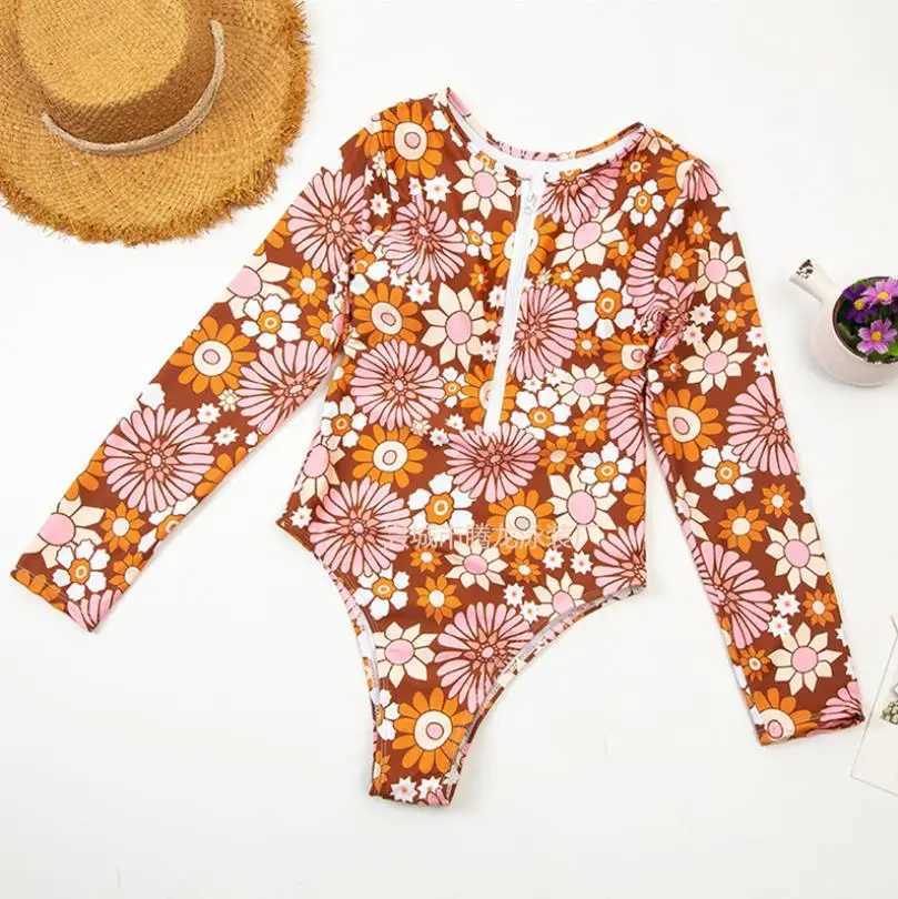 Floral Print One Piece Swimsuit Women Swimwear Monokini Long Seve Printed Fa Bathing Suit Surfing Bodysuit Swim Wear BeachXJ240108