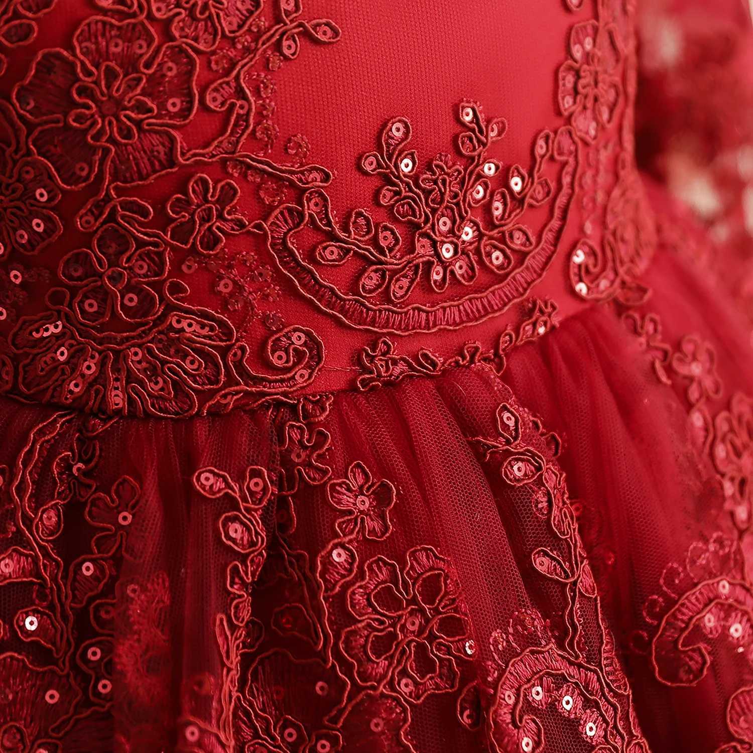 Red Girls Lace Par Dress Long Sleeve Flower Elegant Wedding Evening Gown Backless Bow Tulle Princess Pageant Formal DressXJ250108