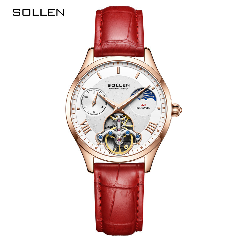 SOLLEN Women's Fashionable Multi-Function Skeleton Mechanical Watch with Leather Strap