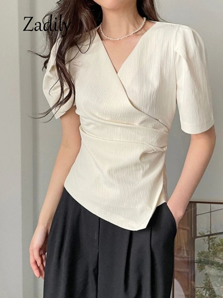 Summer Short Sleeve Women Chiffon Blouse Shirt Korea Style Slim Irregular V Neck Woman Top Casual Asymmetry Female Clothing 250109