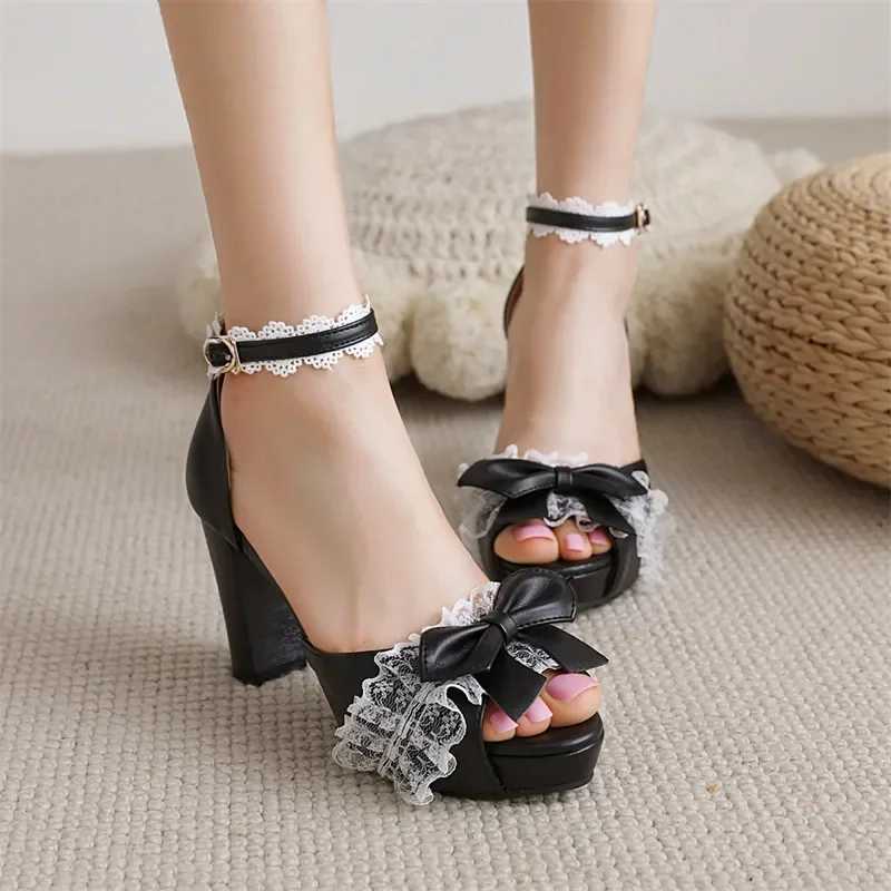 Childrens Fashion Lolita Sandals Sweet Lace Diapers Toe Bow High Heels Girls New Mary Jens Cosplay Princess Shoes W250108