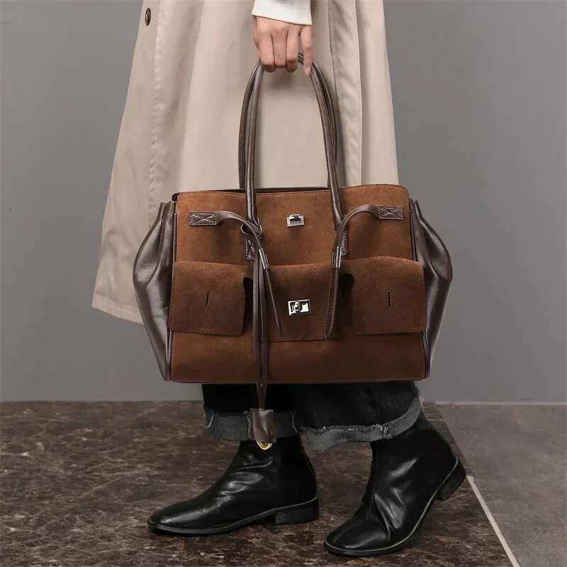 Vintage Scrub Pu Leather Shoulder Design Large Capacity Multi-Pocket Women's Tote Bag OL Daily Commuter Handbag 2024