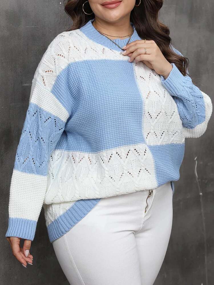 GIBSIE Plus Size Autumn And Winter Color Block Knitted Sweaters Women Casual Long Sleeve Crew Neck Pullover Women's Tops Jumpers