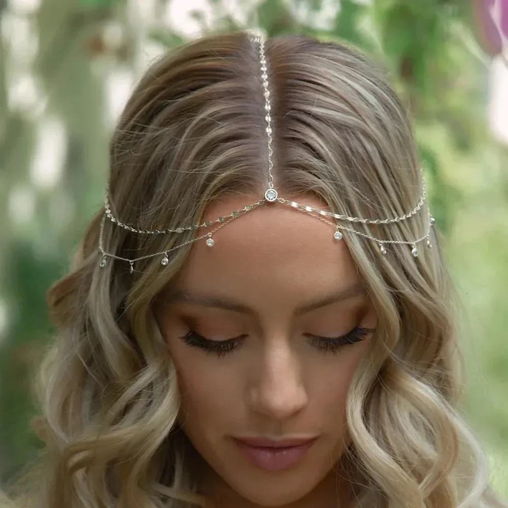 Boho Fashion Crystal Head Chain Wedding Hair Accessories Elegant Headpiece Bling Bridal Forehead Indian Jewelry 241228