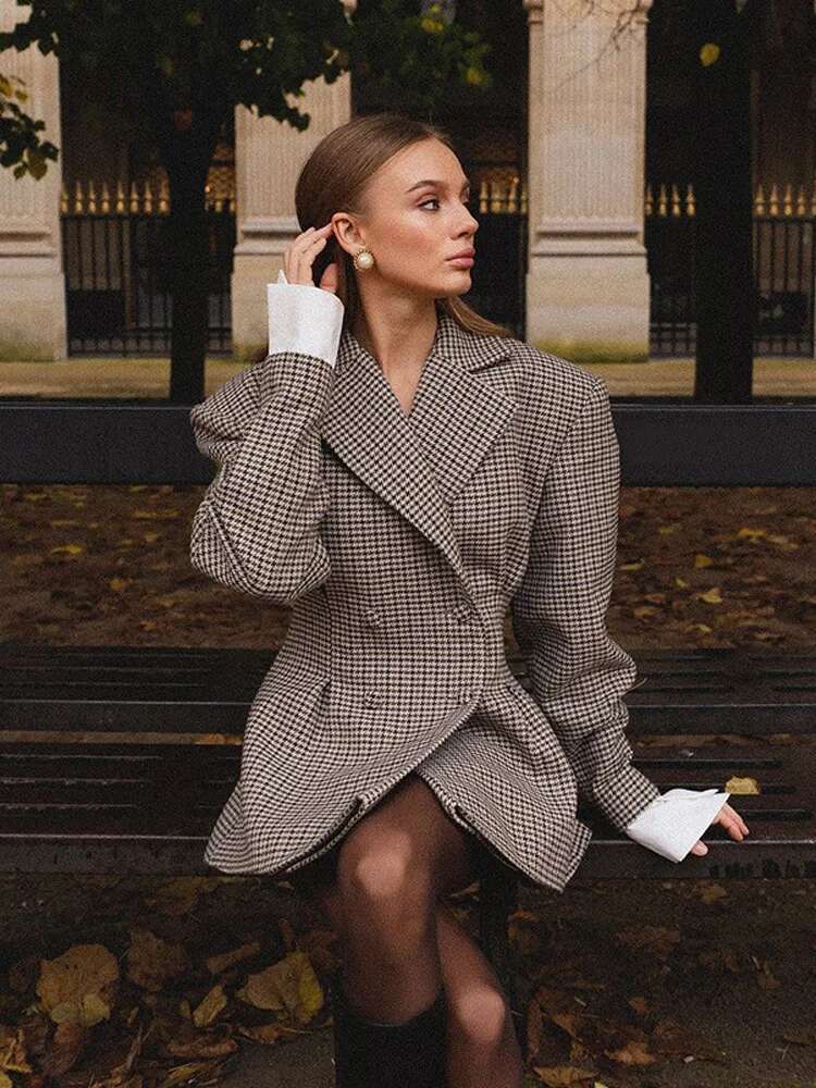 Chic Elegant Waist Up Plaid Printed Blazer Jacket Lapel Collar Double Breasted Slim Coat 2025 Commuting Females High Streetwear