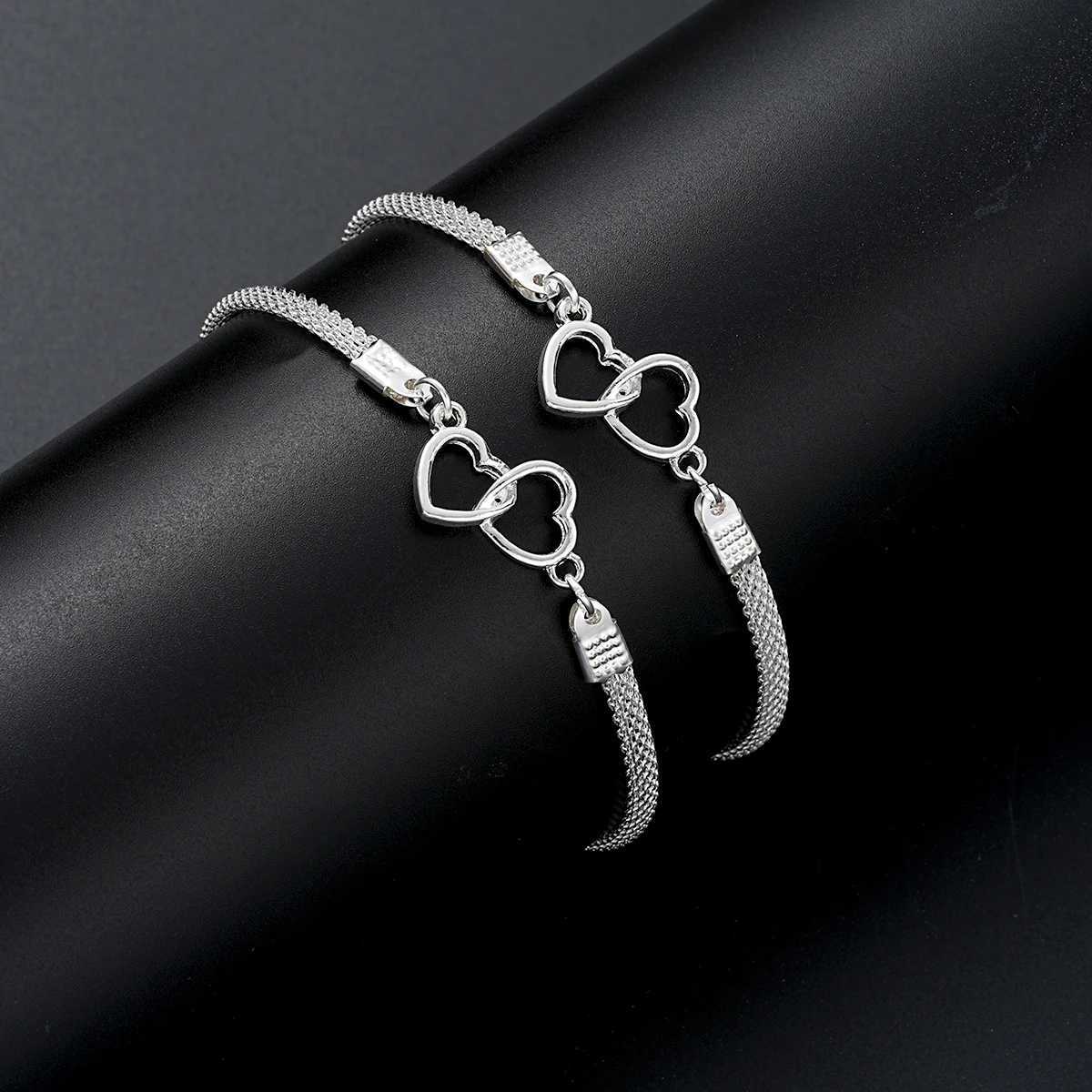 2 Pcs Set Heart Couple Bracelets for Women Men Silver Color Double Layer Matching Chain Bracelet r Jewelry GiftXJ250109